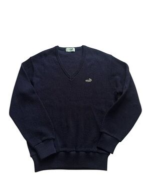 Vintage Crocodile V-Neck Knit Sweater Navy Blue Embroidered Logo Size L (82)